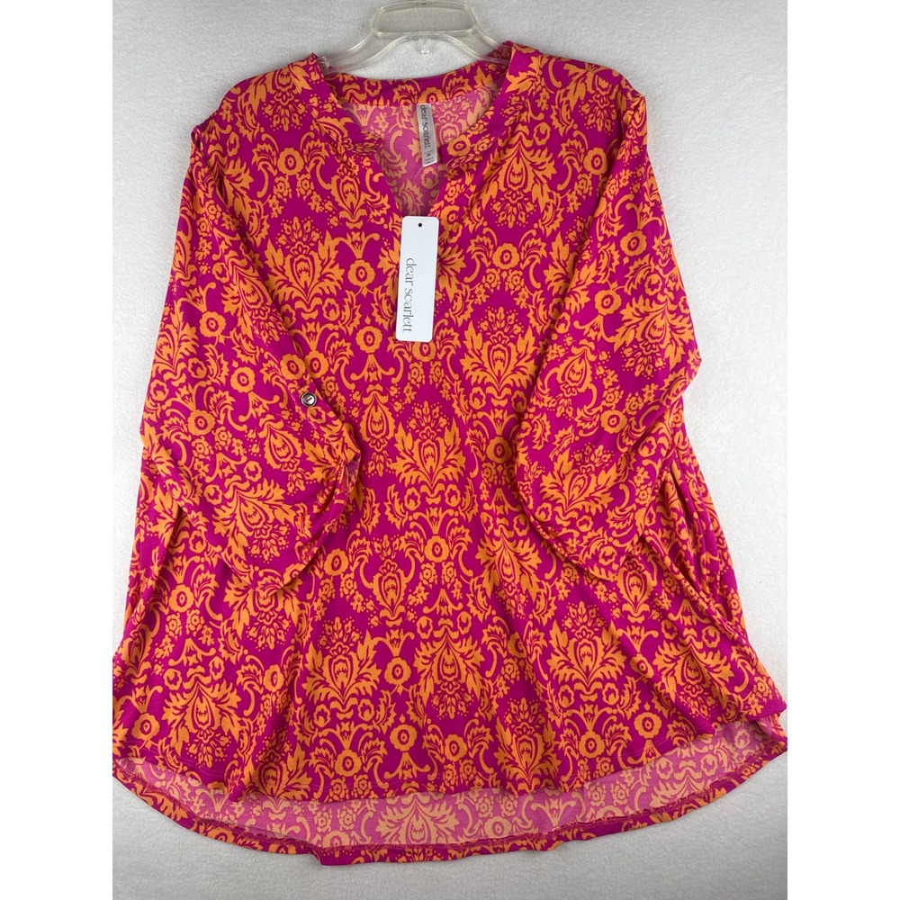 Dear Scarlett Womens 2X Damask Tunic Top Roll Tab Sleeve Pink Orange LIZ-C0028P